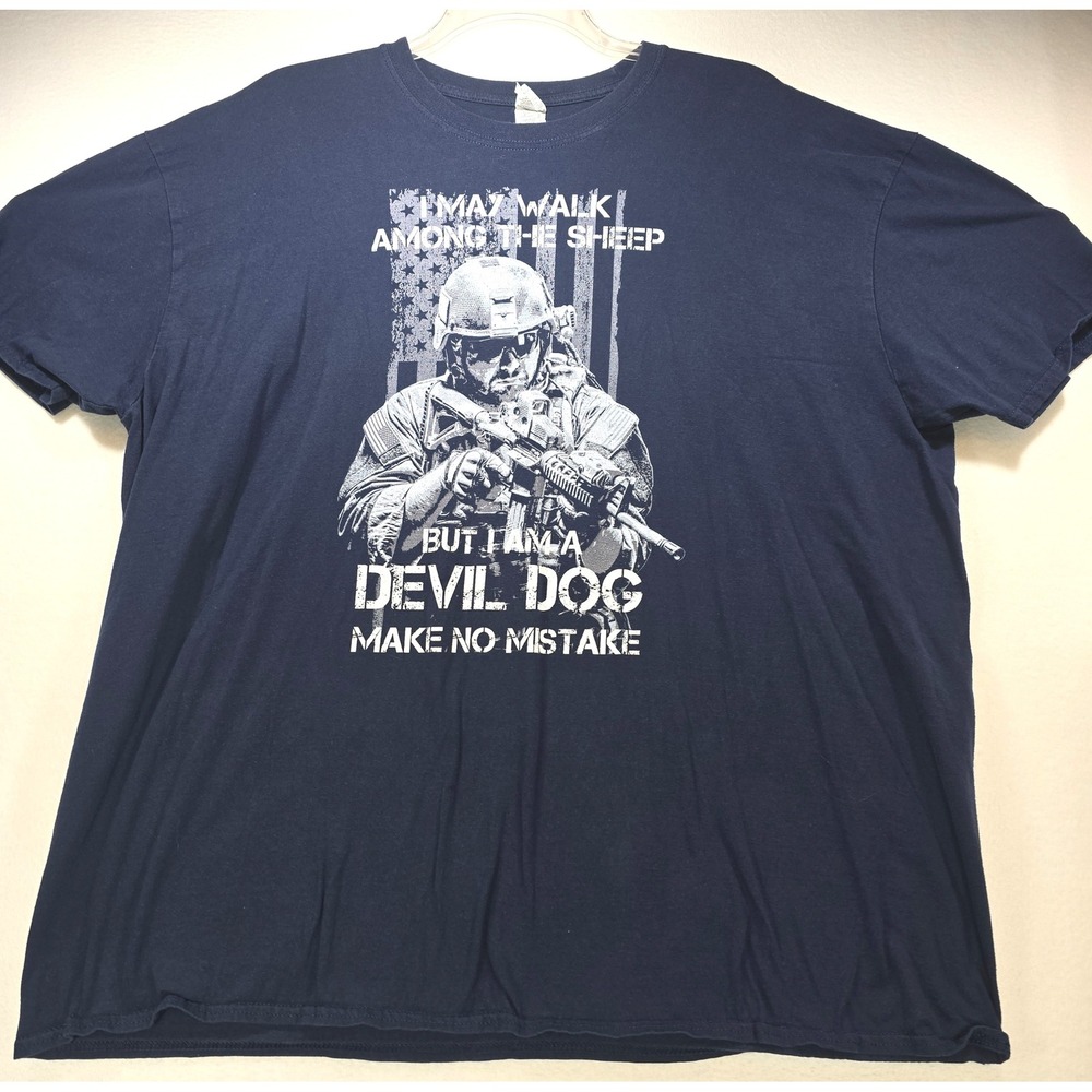 Gildan Softstyle Mens 3XL‎ Navy Blue Devil Dog Marine Military Graphic T-Shirt